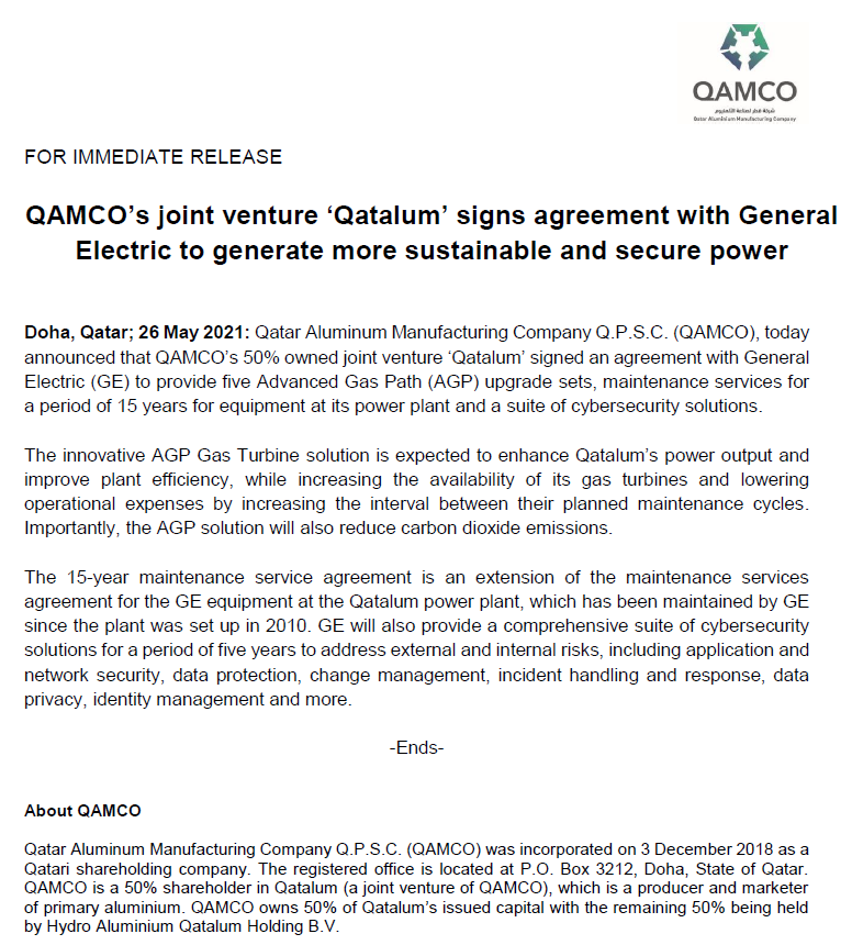 QAMCO’s joint venture ‘Qatalum’ signs agreement with General Electric to generate more sustainable and secure power 