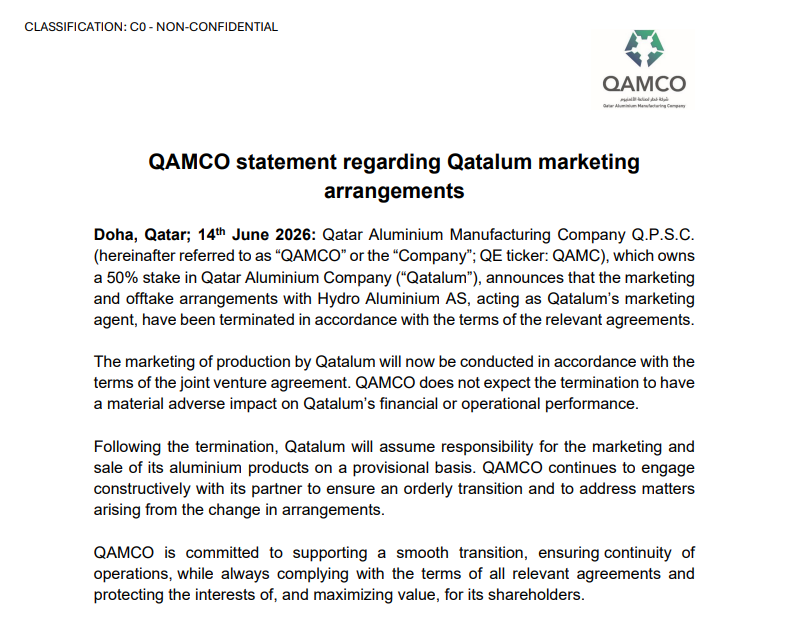 QAMCO Statement Regarding Qatalum Marketing Arrangements