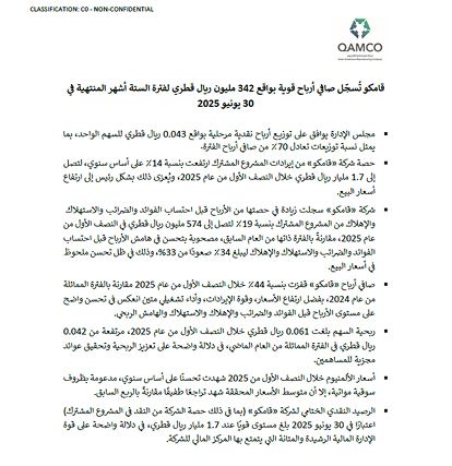 شركة قطر لصناعة الألمنيوم تُسجّل صافي أرباح بواقع 342 مليون ريال لفترة الستة  أشهر المنتهية في 30 يونيو 2025.