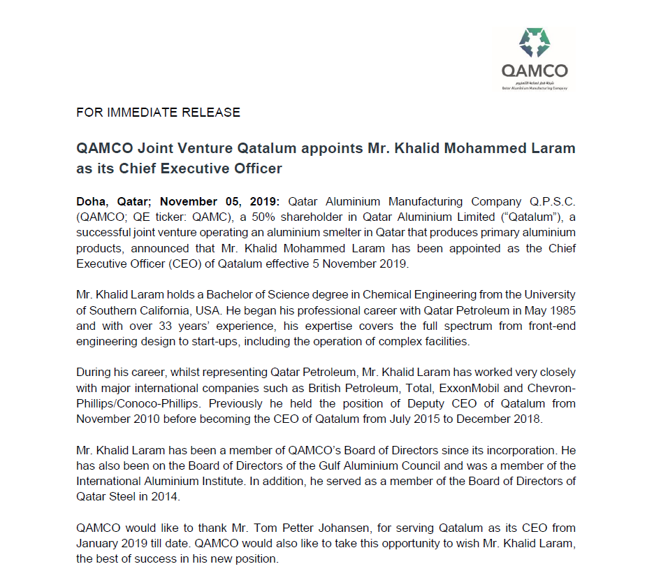 QAMCO Joint Venture Qatalum appoints Mr. Khalid Mohammed Laram as its Chief Executive Officer