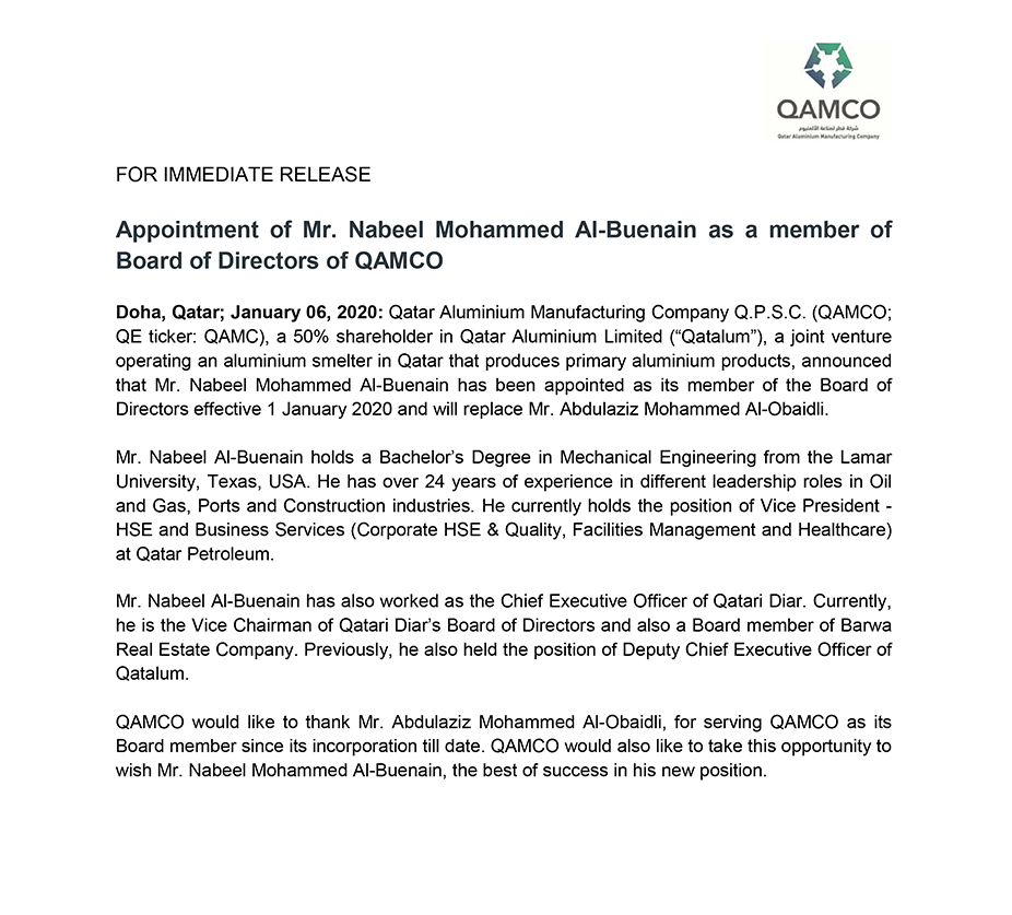 Appointment of Mr. Nabeel Mohammed Al-Buenain as a member of Board of Directors of QAMCO