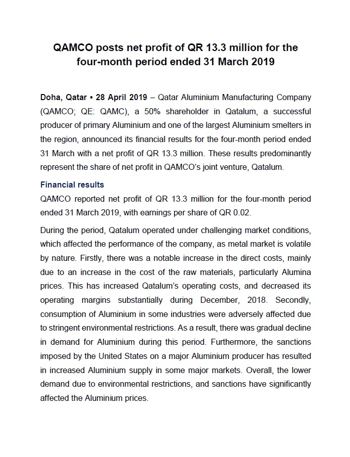 QAMCO posts net profit of QR 13.3 million for the four-month period ended 31 March 2019